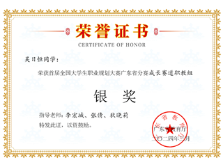 5.首届全国大学生职业规划大赛广东省分赛成长赛道执教组省级银奖-吴日恒